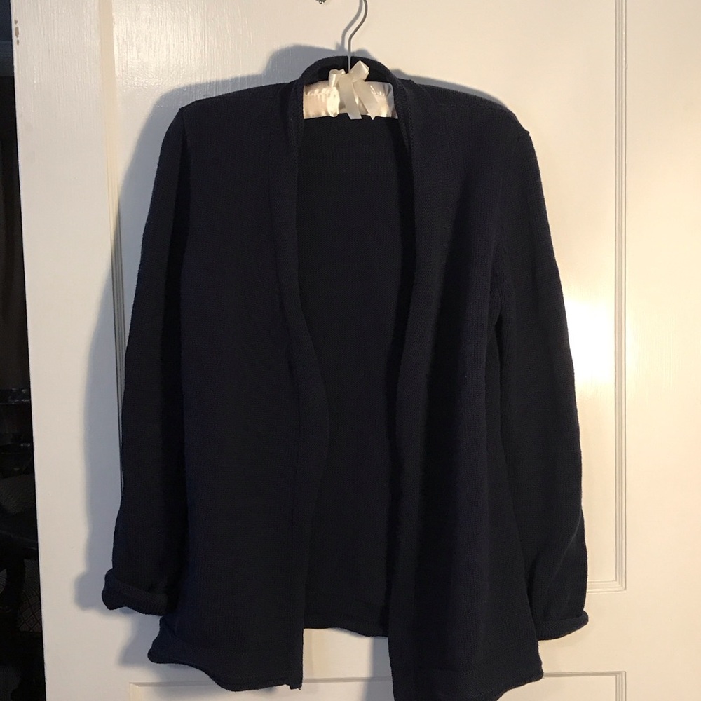 Talbots Midnight Blue Open-Front Cardigan Rolled Collar and Cuffs